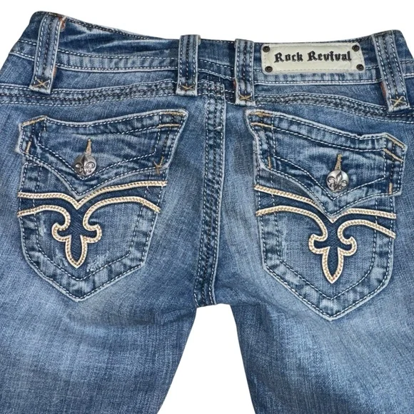 Rock Revival Women’s Jeans Size 28 Blue Bootcut Fluer-De-Lis Denim Stretch Fade - Picture 4 of 13